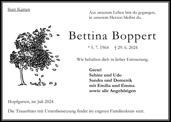 Traueranzeige von Bettina Boppert von Oberhessische Zeitung