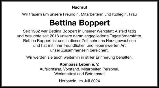 Traueranzeige von Bettina Boppert von Oberhessische Zeitung