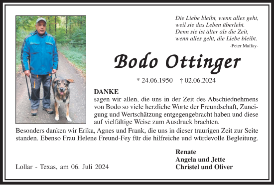 Traueranzeige von Bodo Ottinger von Giessener Allgemeine, Alsfelder Allgemeine