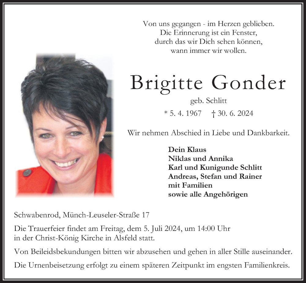  Traueranzeige für Brigitte Gonder vom 04.07.2024 aus Oberhessische Zeitung