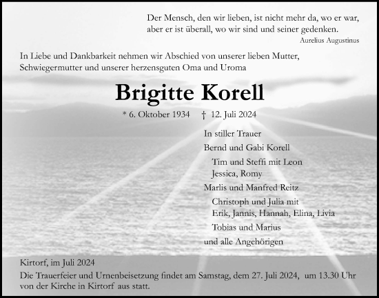 Traueranzeige von Brigitte Korell von Oberhessische Zeitung