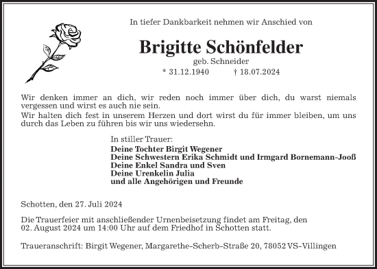 Traueranzeige von Brigitte Schönfelder von Kreis-Anzeiger