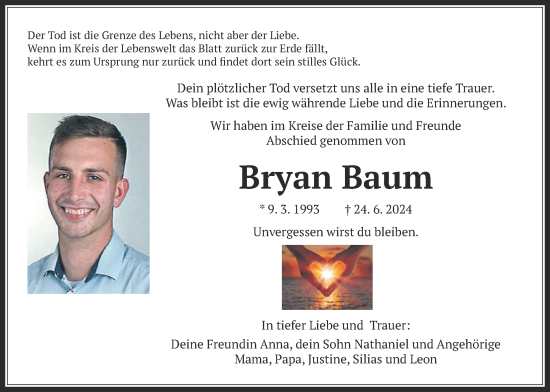 Traueranzeige von Bryan Baum von Giessener Allgemeine, Alsfelder Allgemeine