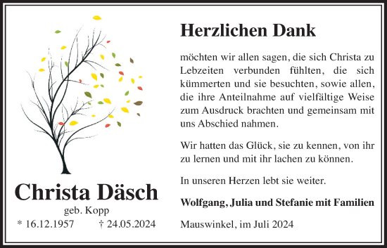 Traueranzeige von Christa Däsch von Lauterbacher Anzeiger