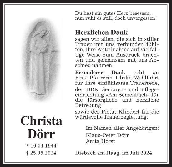 Traueranzeige von Christa Dörr von Kreis-Anzeiger