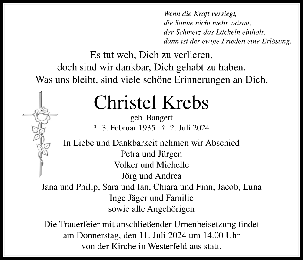  Traueranzeige für Christel Krebs vom 06.07.2024 aus Usinger Anzeiger