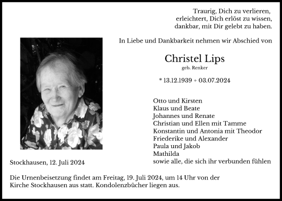 Traueranzeige von Christel Lips von Lauterbacher Anzeiger