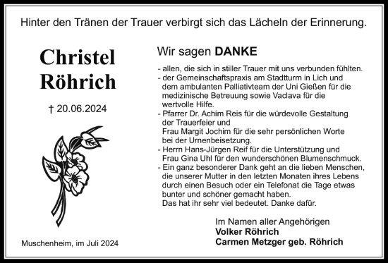 Traueranzeige von Christel Röhrich von Licher Wochenblatt