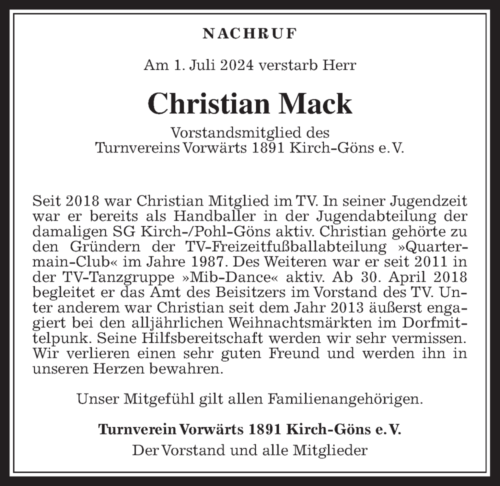  Traueranzeige für Christian Mack vom 06.07.2024 aus Butzbacher Zeitung
