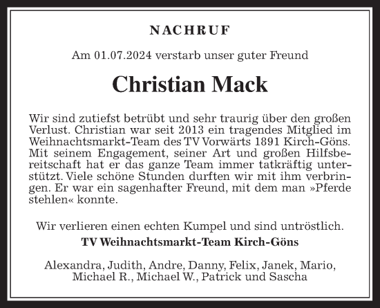 Traueranzeige von Christian Mack von Butzbacher Zeitung
