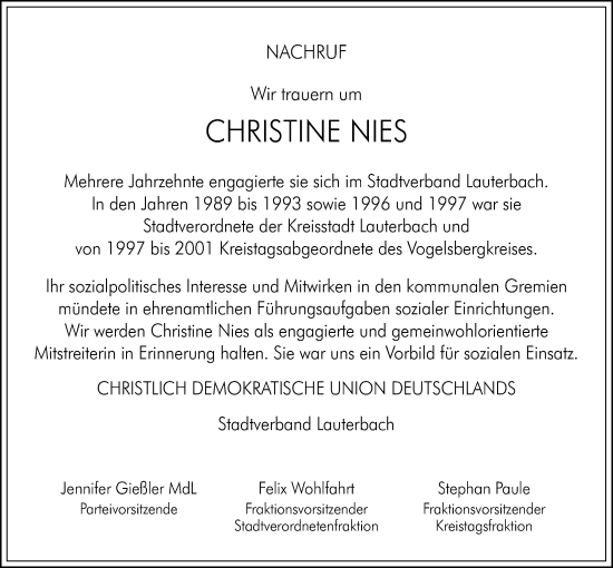 Traueranzeige von Christine Nies von Lauterbacher Anzeiger