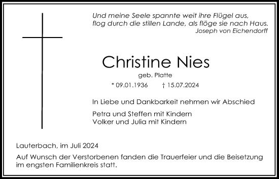 Traueranzeige von Christine Nies von Lauterbacher Anzeiger