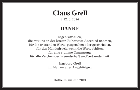 Traueranzeige von Claus Grell 