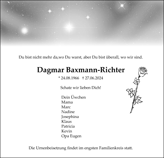 Traueranzeige von Dagmar Baxmann-Richter von Bad Vilbel/Karben