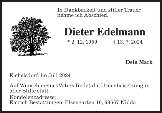 Traueranzeige von Dieter Edelmann von Kreis-Anzeiger