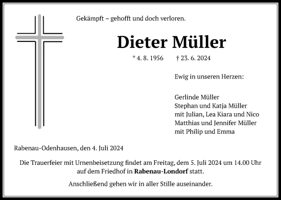 Traueranzeige von Dieter Müller von Allendorfer Mitteilungen, Rabenauer Zeitung