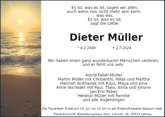 Traueranzeige von Dieter Müller von Giessener Allgemeine, Alsfelder Allgemeine, Wetterauer Zeitung, Butzbacher Zeitung