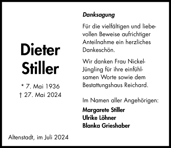 Traueranzeige von Dieter Stiller von Kreis-Anzeiger