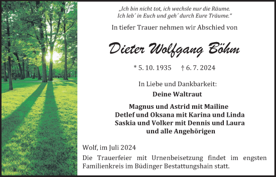 Traueranzeige von Dieter Wolfgang Böhm von Kreis-Anzeiger