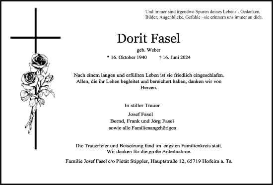 Traueranzeige von Dorit Fasel 