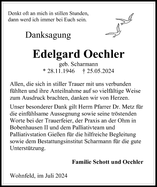 Traueranzeige von Edelgard Oechler von Alsfelder Allgemeine, Oberhessische Zeitung