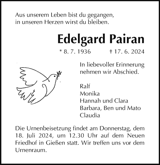 Traueranzeige von Edelgard Pairan von Giessener Allgemeine, Alsfelder Allgemeine, Giessener Anzeiger