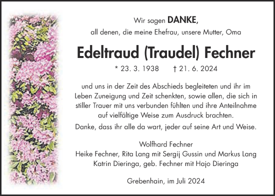 Traueranzeige von Edeltraud Fechner von Lauterbacher Anzeiger