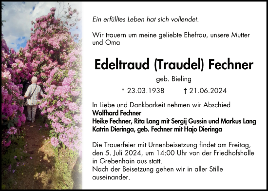 Traueranzeige von Edeltraud Fechner von Lauterbacher Anzeiger