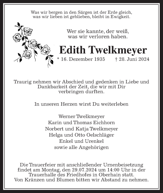 Traueranzeige von Edith Twelkmeyer von Usinger Anzeiger, Usinger Anzeigenblatt