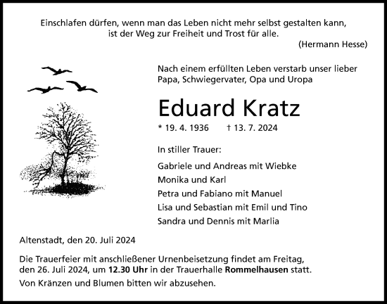 Traueranzeige von Eduard Kratz von Kreis-Anzeiger