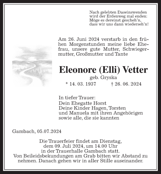 Traueranzeige von Eleonore Vetter von Wetterauer Zeitung, Butzbacher Zeitung