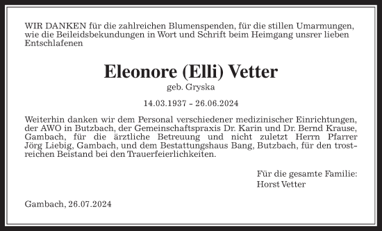 Traueranzeige von Eleonore Vetter von Butzbacher Zeitung