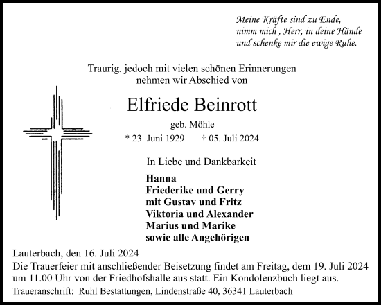 Traueranzeige von Elfriede Beinrott von Lauterbacher Anzeiger