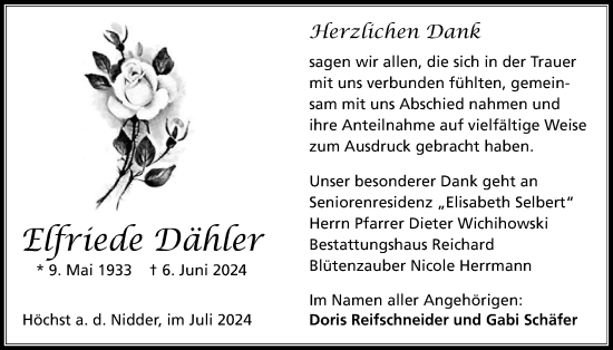 Traueranzeige von Elfriede Dähler von Kreis-Anzeiger