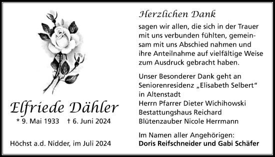 Traueranzeige von Elfriede Dähler von Kreis-Anzeiger
