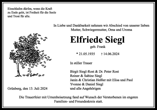Traueranzeige von Elfriede Siegl von Giessener Allgemeine, Alsfelder Allgemeine