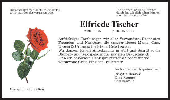 Traueranzeige von Elfriede Tischer von Giessener Allgemeine, Alsfelder Allgemeine, Giessener Anzeiger