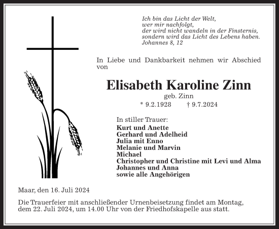Traueranzeige von Elisabeth Karoline Zinn von Lauterbacher Anzeiger