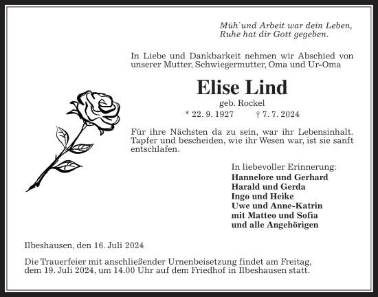 Traueranzeige von Elise Lind von Lauterbacher Anzeiger