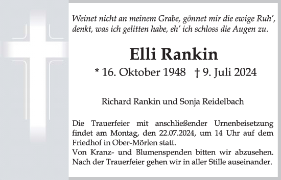 Traueranzeige von Elli Rankin von Wetterauer Zeitung