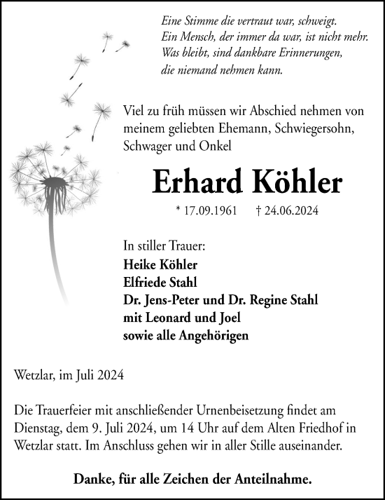 Traueranzeige von Erhard Köhler von Giessener Allgemeine, Alsfelder Allgemeine