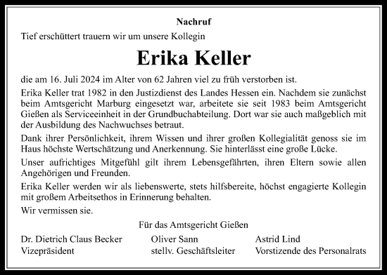 Traueranzeige von Erika Keller von Giessener Allgemeine, Alsfelder Allgemeine, Giessener Anzeiger