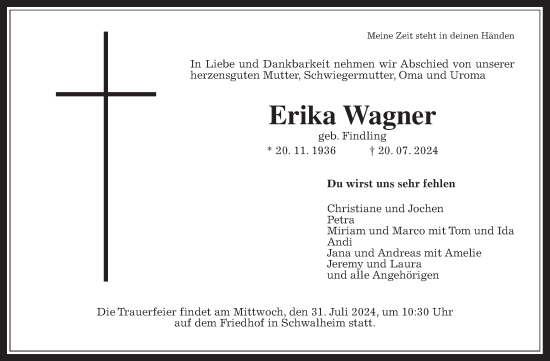 Traueranzeige von Erika Wagner von Wetterauer Zeitung