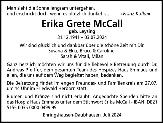 Traueranzeige von Erika Grete McCall von Giessener Allgemeine, Alsfelder Allgemeine