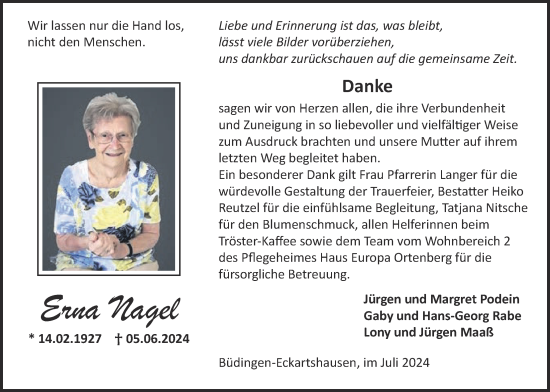 Traueranzeige von Erna Nagel von Kreis-Anzeiger