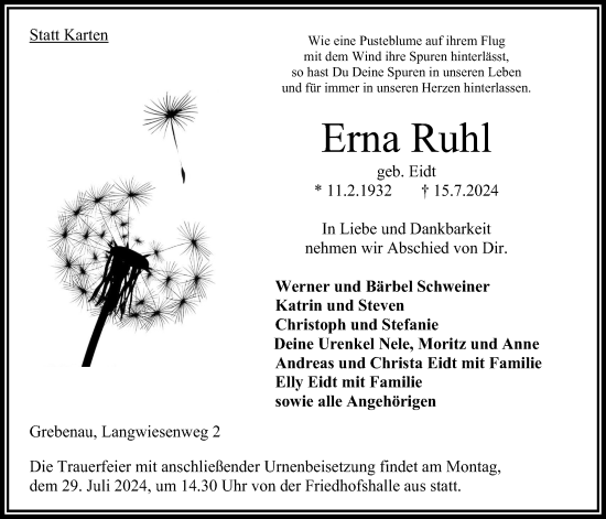 Traueranzeige von Erna Ruhl von Lauterbacher Anzeiger, Oberhessische Zeitung