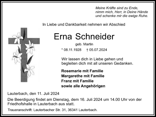 Traueranzeige von Erna Schneider von Lauterbacher Anzeiger