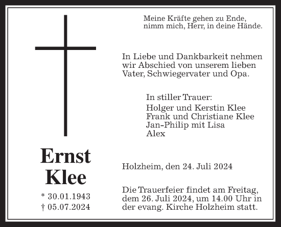Traueranzeige von Ernst Klee von Giessener Allgemeine, Alsfelder Allgemeine