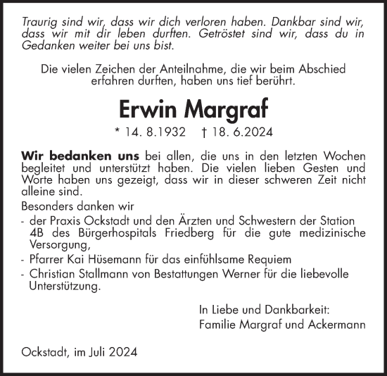Traueranzeige von Erwin Margraf von Wetterauer Zeitung