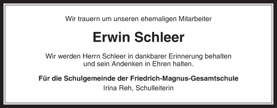 Traueranzeige von Erwin Schleer von Laubacher Anzeiger